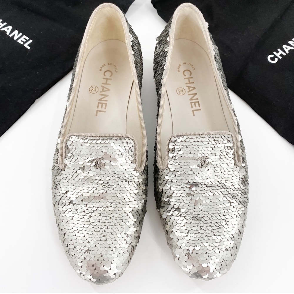 CHANEL | Silver Sequin Loafers Slippers Flats - Picture 2 of 12